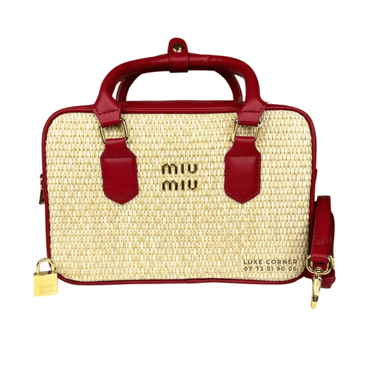 Miu Miu | Straw Zip-up Handbag With Red Leather Trim And Handles - Free & Fast UAE Shipping