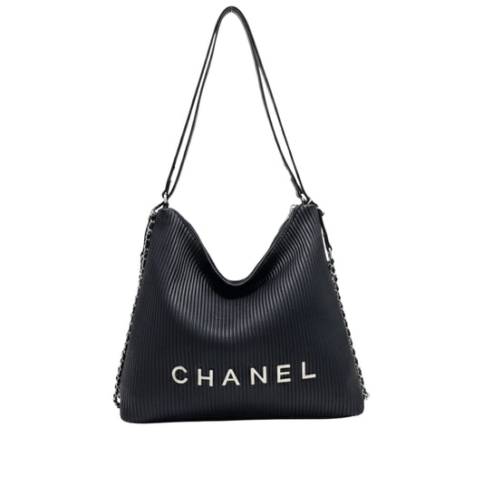 Chanel | Hobo Shoulder Bag With A Ribbed Texture And Silver Chain Straps. - Free & Fast UAE Shipping