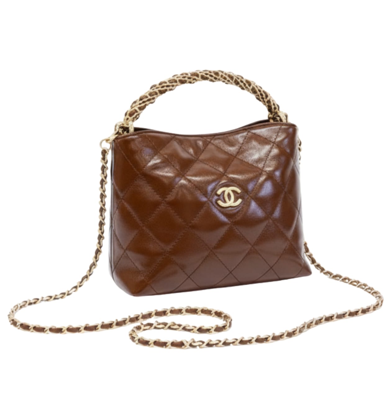 Chanel | Quilted Braided Handle Chain Hobo In Brown Leather Bag - Free & Fast UAE Shipping