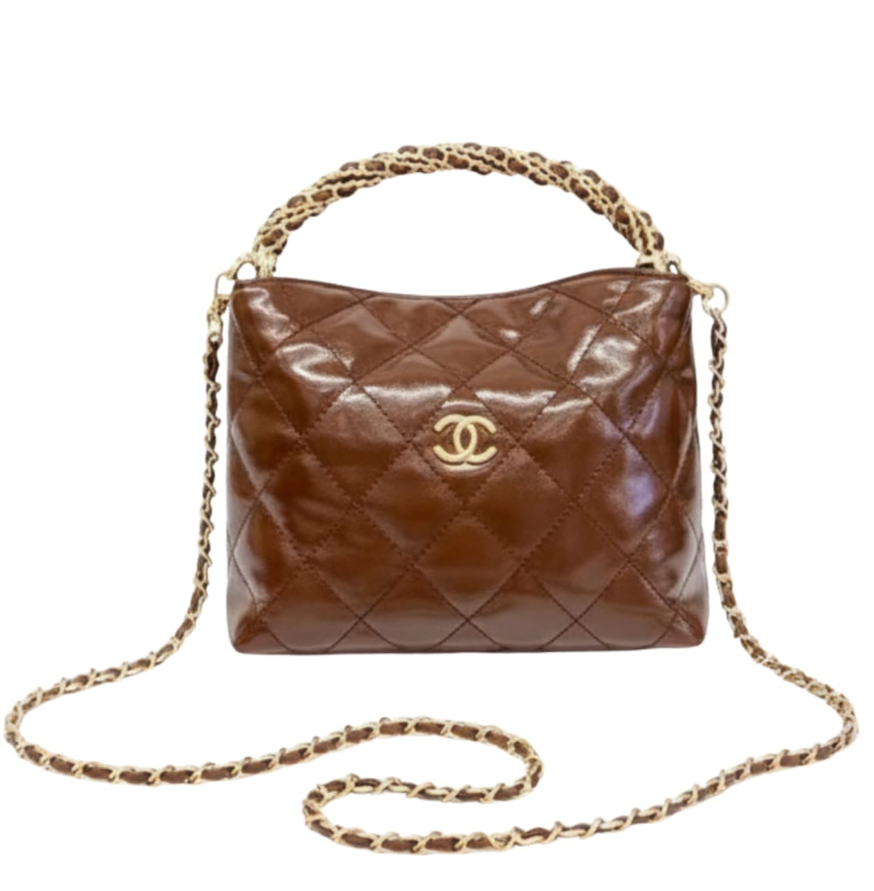 Chanel | Quilted Braided Handle Chain Hobo In Brown Leather Bag - Free & Fast UAE Shipping