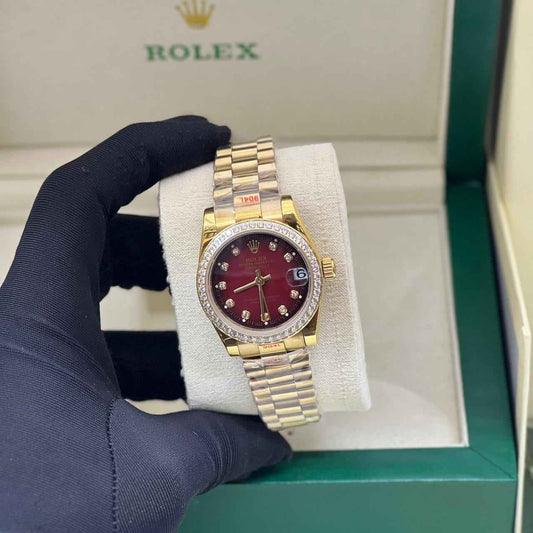 Rolex Watch | Datejust Red Dial Diamond Bezel