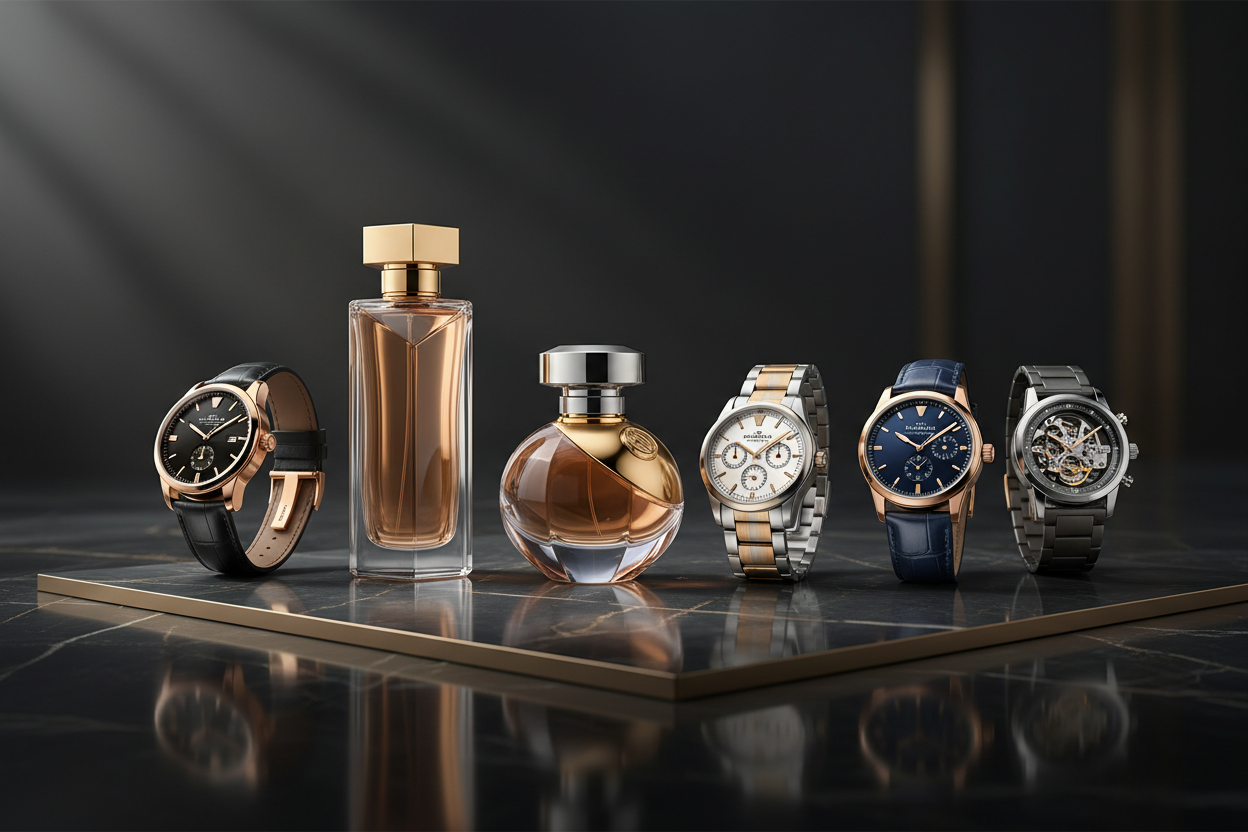 Generate a banner image for hero setion with collection of perfumes and watches